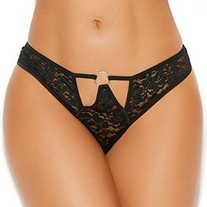 Cut Out Lace Thong with O Rings Black